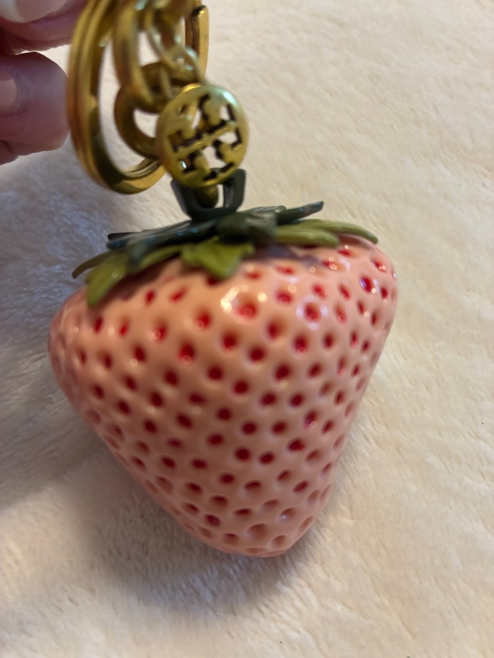 Tory Burch Pink Strawberry Charm Keyring with Gold Hardware - Picture 3 of 7